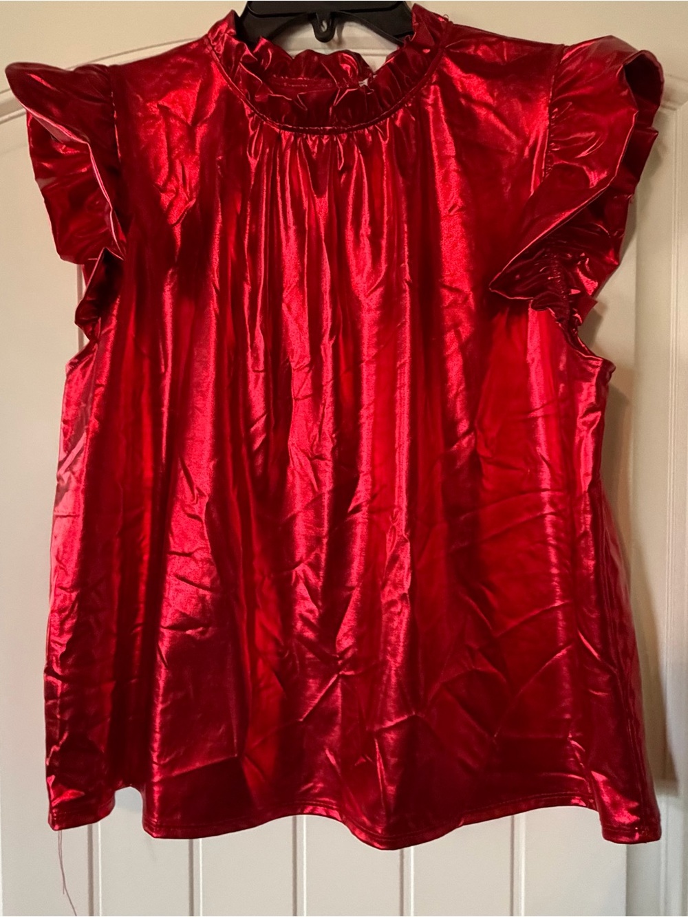 Women’s Shiny Metallic Red Ruffled Sleeve Top by Jodifl - Medium